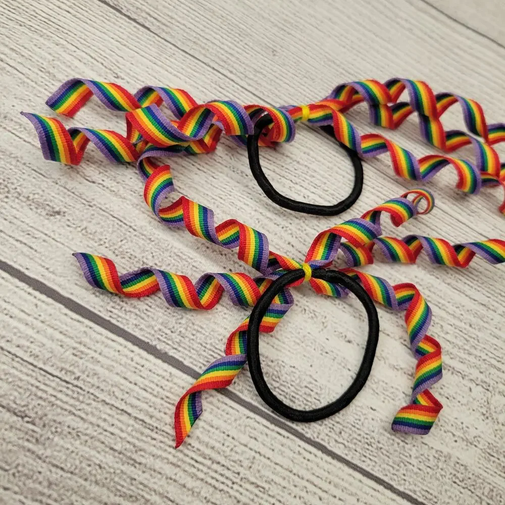 PRIDE Rainbow Corkscrew Grosgrain Ribbon Korker Hair Ties, Set of 2